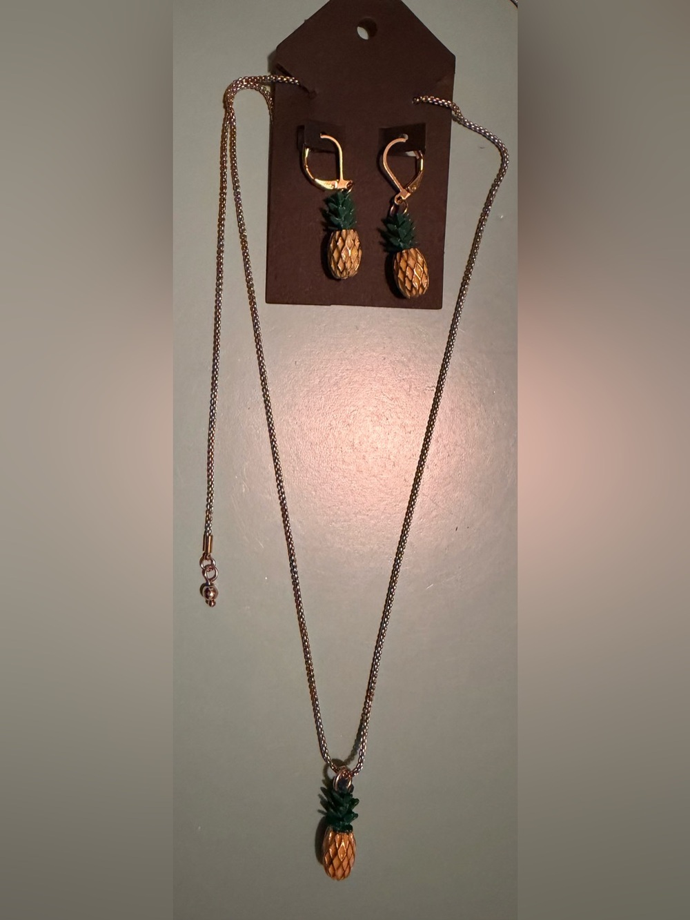 Gold 3-D Pineapple Pendant Necklace with Matching Earrings - Extendable Chain